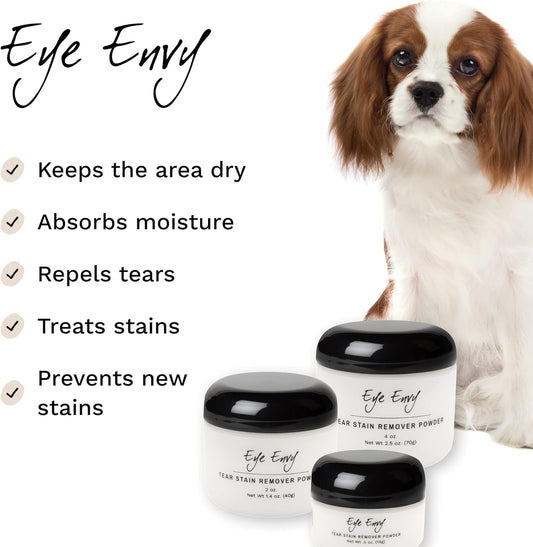 Eye Envy Tear Stain Remover Powder for Dogs and Cats|100% Natural, Safe|Apply Around Eyes|Absorbs and Repels Tears|Keeps Area Dry|Treats The Cause of Staining|Made in The USA (2oz)