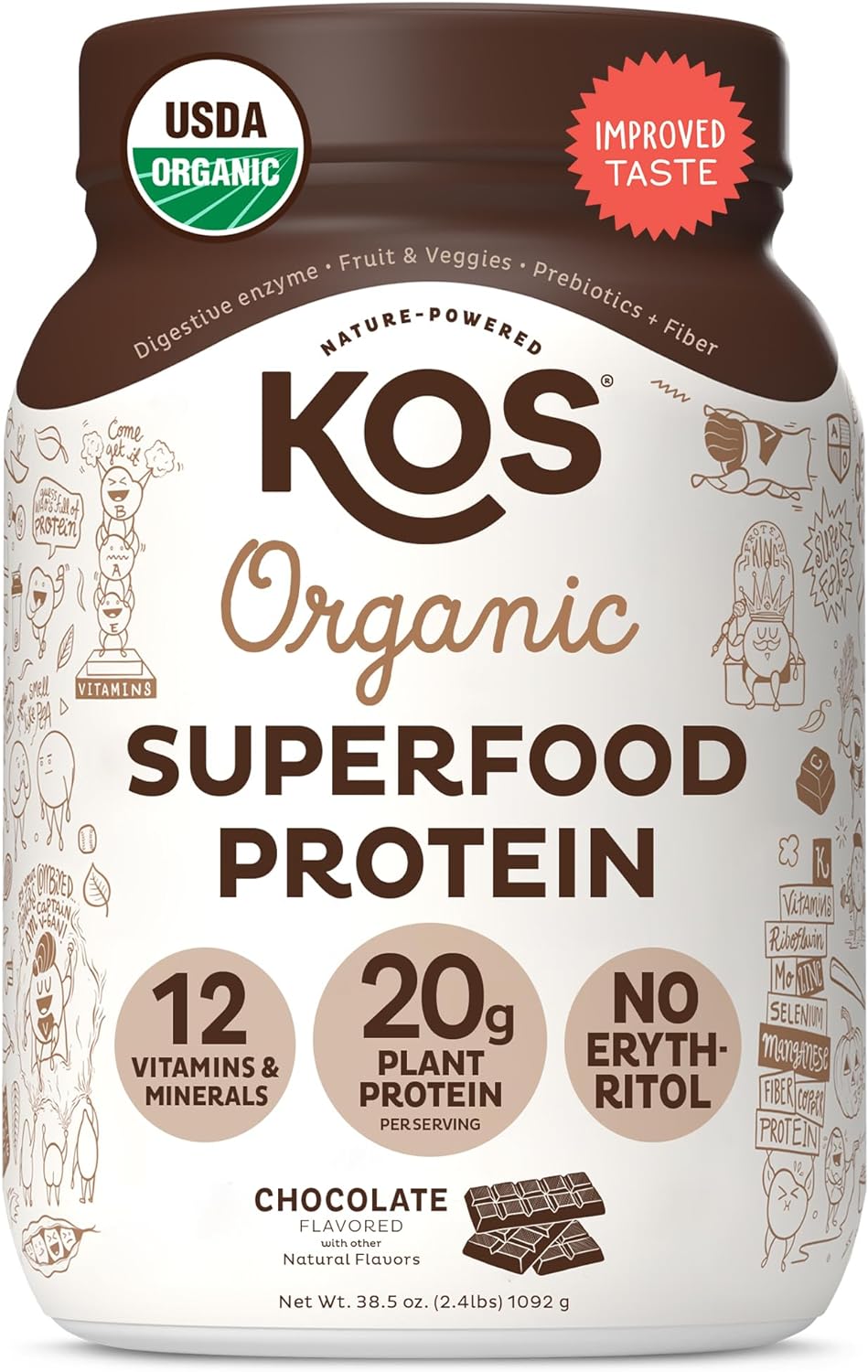 Kos Vegan Protein Powder Erythritol Free, Chocolate - Organic Pea Protein Blend, Plant Based Superfood Rich In Vitamins & Minerals - Keto, Dairy Free - Meal Replacement For Women & Men, 28 Servings