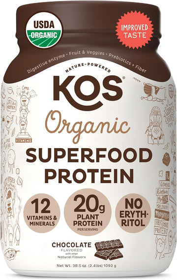 Kos Vegan Protein Powder Erythritol Free, Chocolate - Organic Pea Protein Blend, Plant Based Superfood Rich In Vitamins & Minerals - Keto, Dairy Free - Meal Replacement For Women & Men, 28 Servings