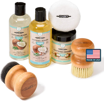 CLARK'S Cutting Board Care Kit with Coconut Oil - Includes Wax, Soap, Scrub Brush, Buffing Pad, and Applicator - for Kitchen Countertops, Butcher Blocks, Wooden Bowls and Utensils - Food Safe