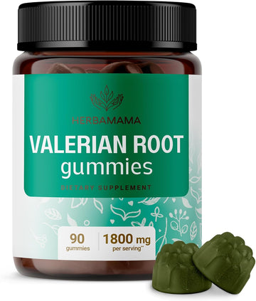 Herbamama Valerian Root Calm Gummies - 1800 Mg Valerian Root Herb Calming Supplements For Adults - Vegan, Gelatin-Free, Non-Gmo - 90 Apple-Flavored Relaxing Chews