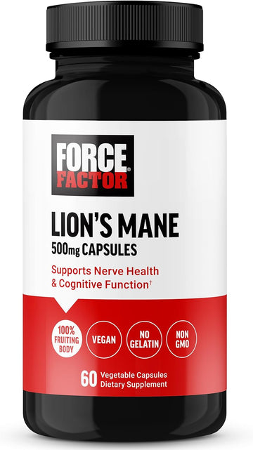 Force Factor Lion?s Mane Supplement Capsules, Memory & Focus Supplement, Supports Nerve Health & Cognitive Function, Made with 100% Fruiting Body, Vegan, No Gelatin, Non-GMO, 60 Vegetable Capsules