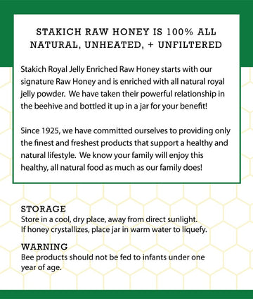 Stakich Royal Jelly Enriched Raw Honey - Pure, Unprocessed, Unheated - 40 Ounce