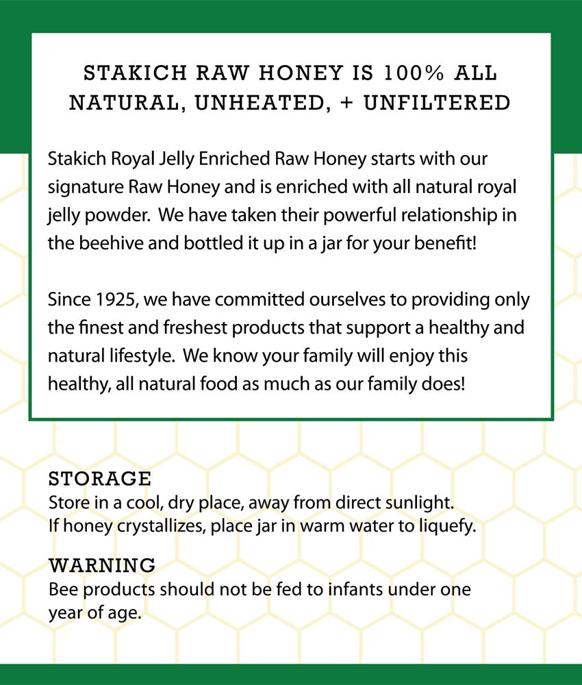 Stakich Royal Jelly Enriched Raw Honey - Pure, Unprocessed, Unheated - 5 Pound (80 Ounce) : Grocery & Gourmet Food