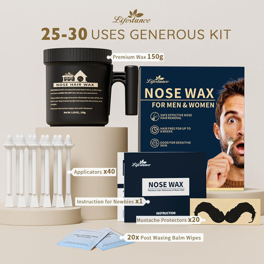 Lifestance Nose Wax Kit Men | 150G | Large Capacity Nose Hair Wax Kit With 40 Applicators, 25-30 Uses | Nose Wax Kit For Women | Nose Hair Waxing Kit For Men With Balm Wipes And Mustache Guards