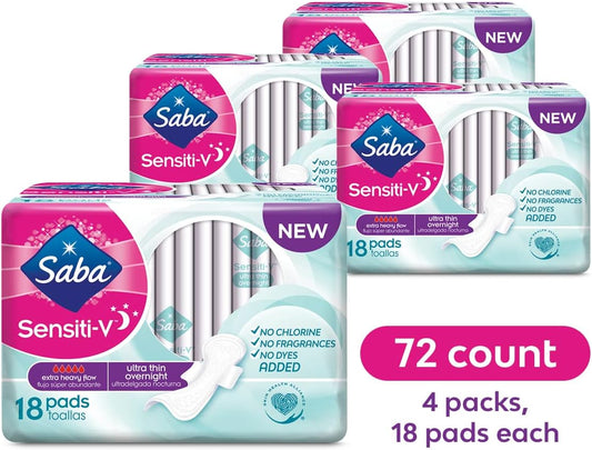 Saba Sensiti-V Ultra Thin Overnight Pads with Wings, 72 Count (4 Packs of 18)