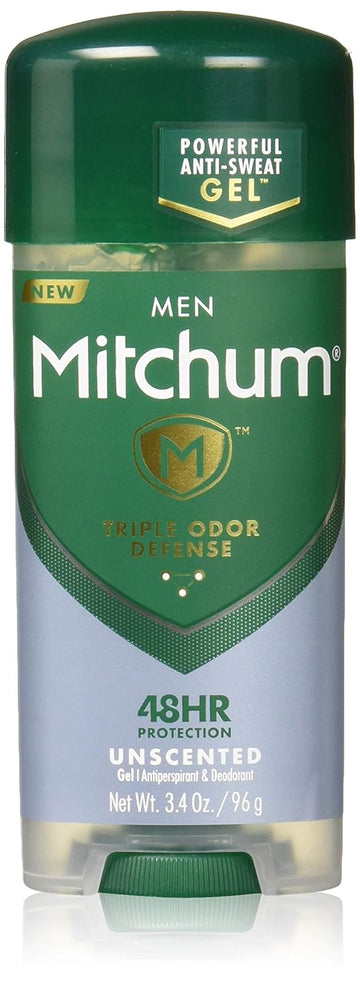 Mitchum Antiperspirant Deodorant Stick For Men, Triple Odor Defense Gel, 48 Hr Protection, Dermatologist Tested, Alcohol Free, Unscented, 3.4 Oz, Green