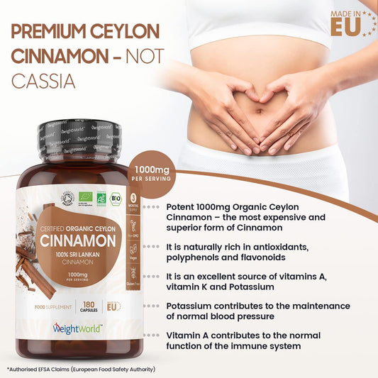Organic Cinnamon Capsules 1000Mg - 180 Vegan Capsules - Ceylon Cinnamon Powder - Soil Association Certified Digestion Supplement - Rich Source Of Calcium - Gmo & Gluten Free