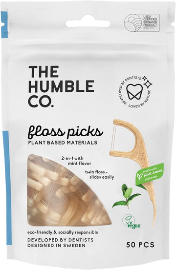 The Humble Co. - Dental Floss Picks - Mint Flavour - Slides Easily - Developed By Dentists - Designed In Sweden - Teeth Cleaning - Sustainable & Reusable - Vegan & Cruelty-Free - 50P