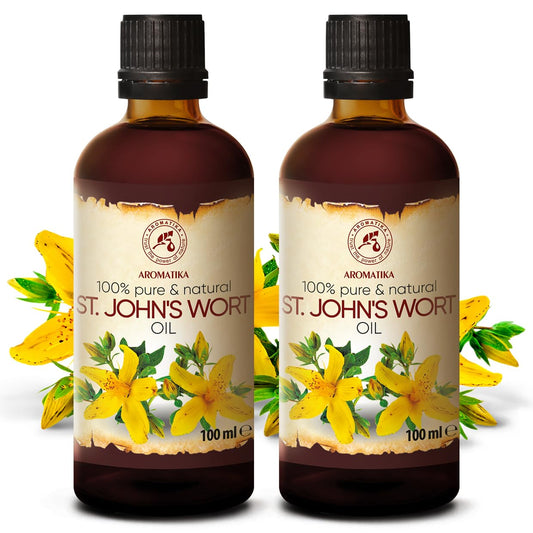 Aromatika St Johns Wort Oil 6.8 Oz (2 * 100Ml) - Hypericum Perforatum - Carrier Oil For Essential Oils - Oil For Skin - Hair Oil - Body Oil - Face Oil - Bath Oil