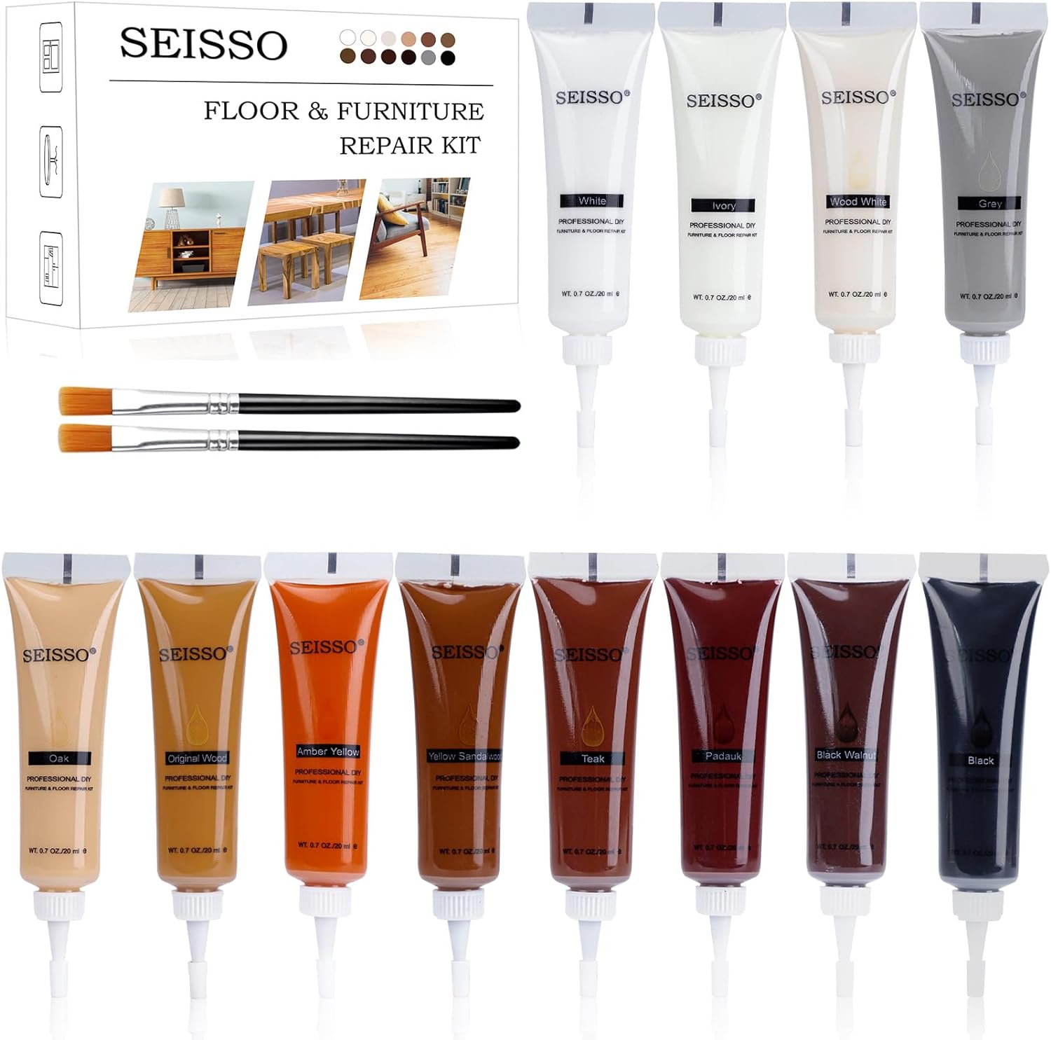 Wood Filler Stainable, SEISSO Wood Furniture Repair Kit for Wooden Scratches, Wear & Tear Cover Remover - Touching up Any Colors Wood Laminate Floor Hardwood - 12 Colors