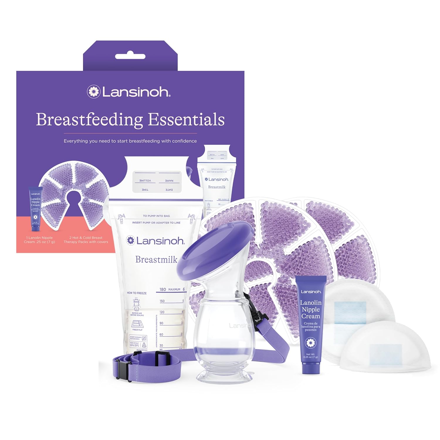 Lansinoh Breastfeeding Essentials Kit For New Moms With Nursing Pads, Breastmilk Storage Bags, Nipple Cream, Hot And Cold Breast Therapy Packs, Silicone Breast Pump, 77 Piece Gift Set