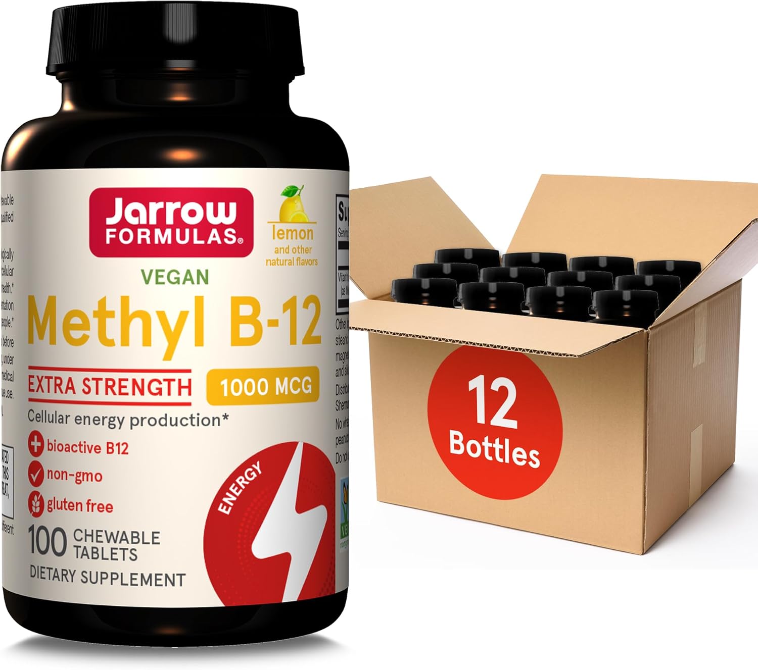 Jarrow Formulas Extra Strength Methyl B-12, Dietary Supplement For Cellular Energy Production, 100 Lemon-Flavored Chewable Tablets, Up To A 100 Day Supply