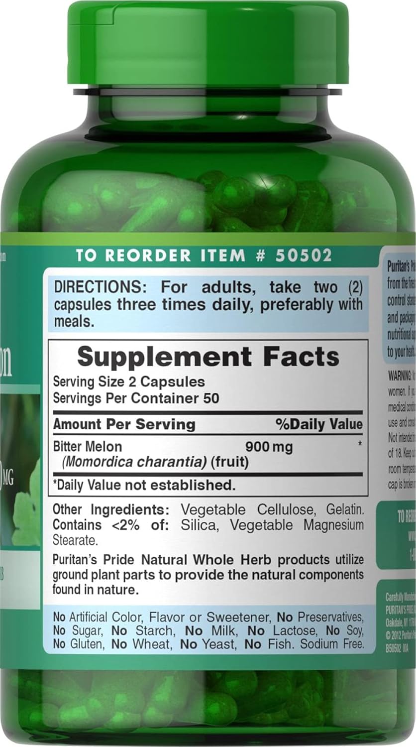 Puritan's Pride Bitter Melon 450 mg, 100 Count, White15-205