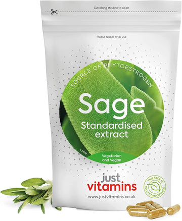 Sage Tablets 3000mg - 90 Vegan Capsules, 3 Month Supply - High Strength Sage Leaf Extract for Hot flushes, Night Sweats and Menopause, Providing 12.5mg of Rosmarinc Acid, UK Made Just Vitamins