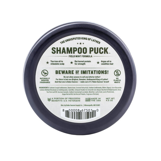 Duke Cannon Mens Shampoo Puck - Field Mint | Super-Concentrated Solid Bar, Premium Formulated, Big Lather, Eucalyptus Peppermint Fragrance, Argan Oil & Oat Kernel Protein, Sulfate-Free, 4.5 Oz