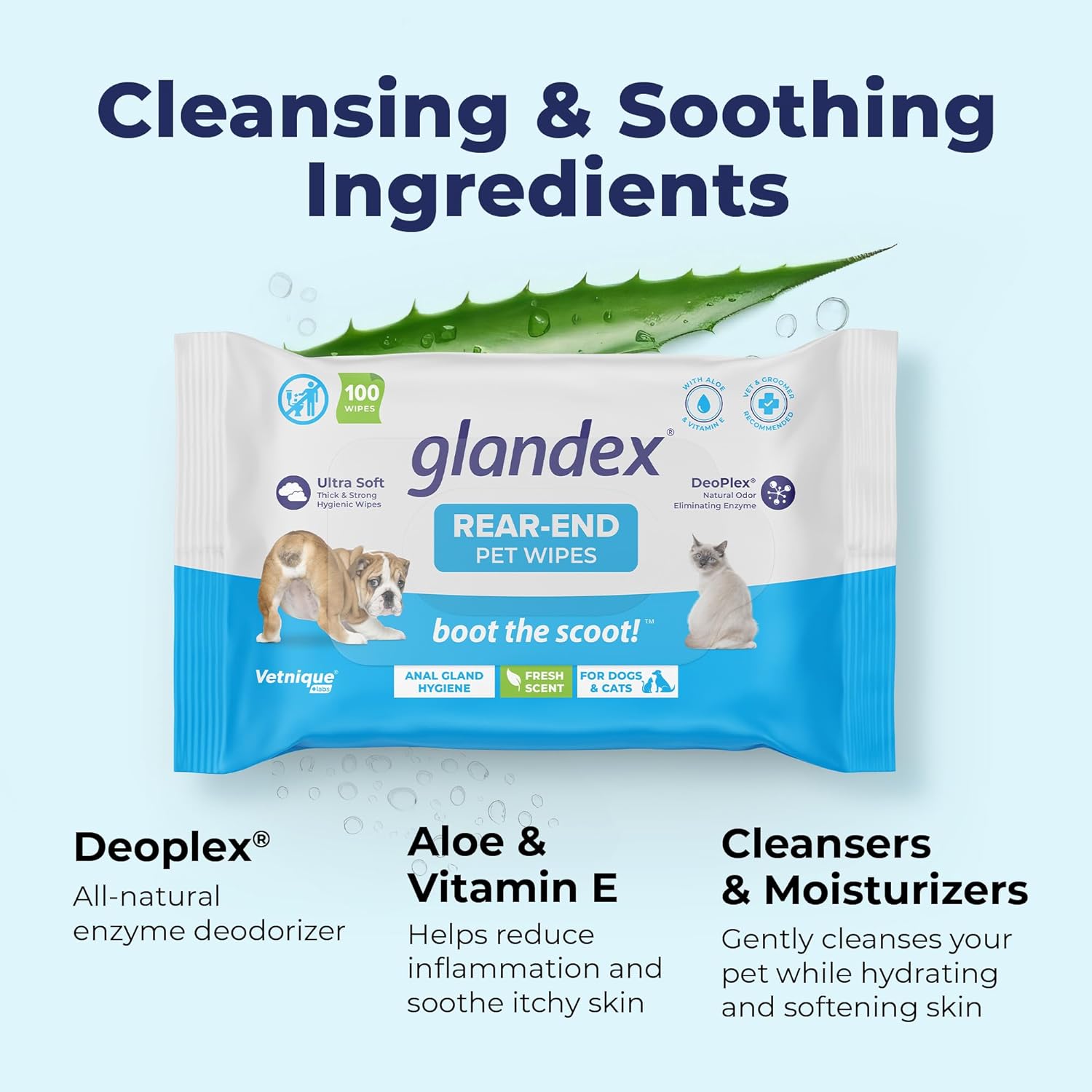 Vetnique Labs Glandex Dog Wipes for Pets Cleansing & Deodorizing Anal Gland Hygienic Dog & Cat Wipes with Vitamin E, Skin Conditioners and Aloe (100ct Pouch)