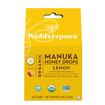 Wedderspoon Organic Manuka Honey Drops, Lemon & Bee Propolis, 20 Count (Pack Of 1) | Genuine New Zealand Honey | Perfect Remedy For Dry Throats