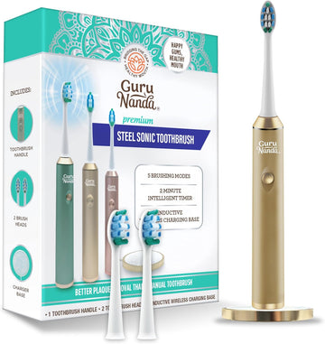 Gurunanda Steel Sonic Toothbrush - Rechargeable, 5 Modes, 2 Min Smart Timer & Replacement Brush Heads - Gold