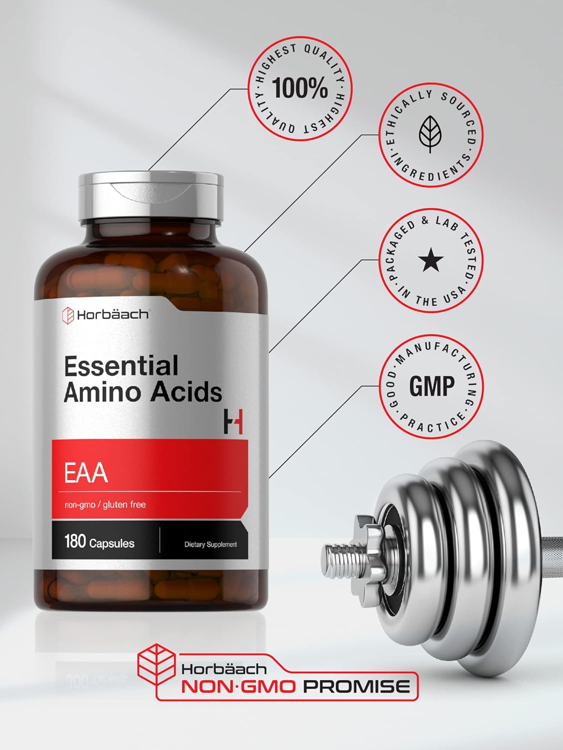 Horbäach Essential Amino Acids Supplement | 180 Capsules | Optimum Ratio with BCAAs | Non-GMO & Gluten Free EAA : Health & Household