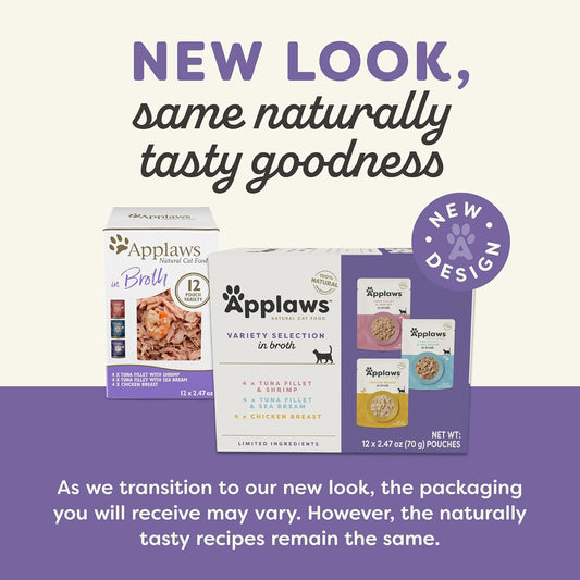 Applaws Natural Wet Cat Food In Broth, Limited Ingredient Wet Cat Food Pouches, No Additives, Made With Natural Ingredients, Tuna Seabream In Broth (12 X 2.47Oz Pouches)