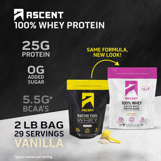 Ascent 100% Whey Protein Powder - Post Workout Whey Protein Isolate, Zero Artificial Flavors & Sweeteners, Soy & Gluten Free, 5.5g BCAA, 2.6g Leucine, Essential Amino Acids, Vanilla Bean 2 lb