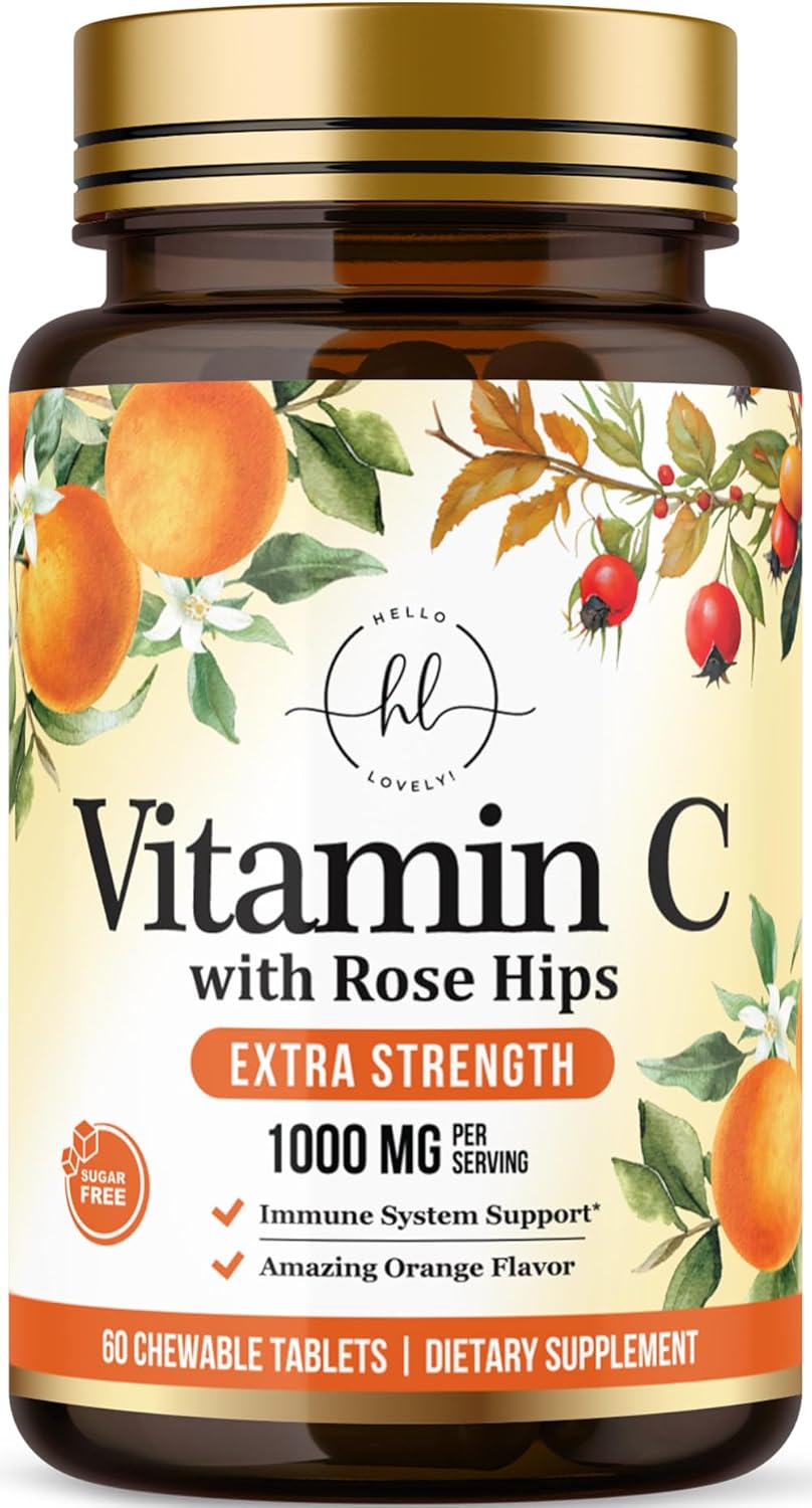 Vitamin C Supplement 1000Mg - Extra Strength With Rose Hips Bioflavonoids - Sugar Free Vitamin C Chewable Pills, Nature'S Vit C For Immune Support & Antioxidant Protection - 60 Chewable Tablets