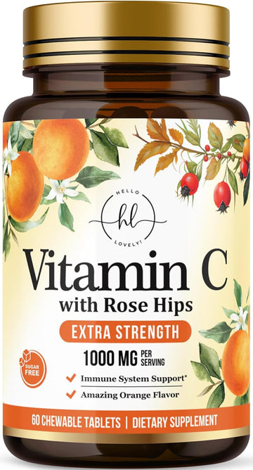 Vitamin C Supplement 1000Mg - Extra Strength With Rose Hips Bioflavonoids - Sugar Free Vitamin C Chewable Pills, Nature'S Vit C For Immune Support & Antioxidant Protection - 60 Chewable Tablets