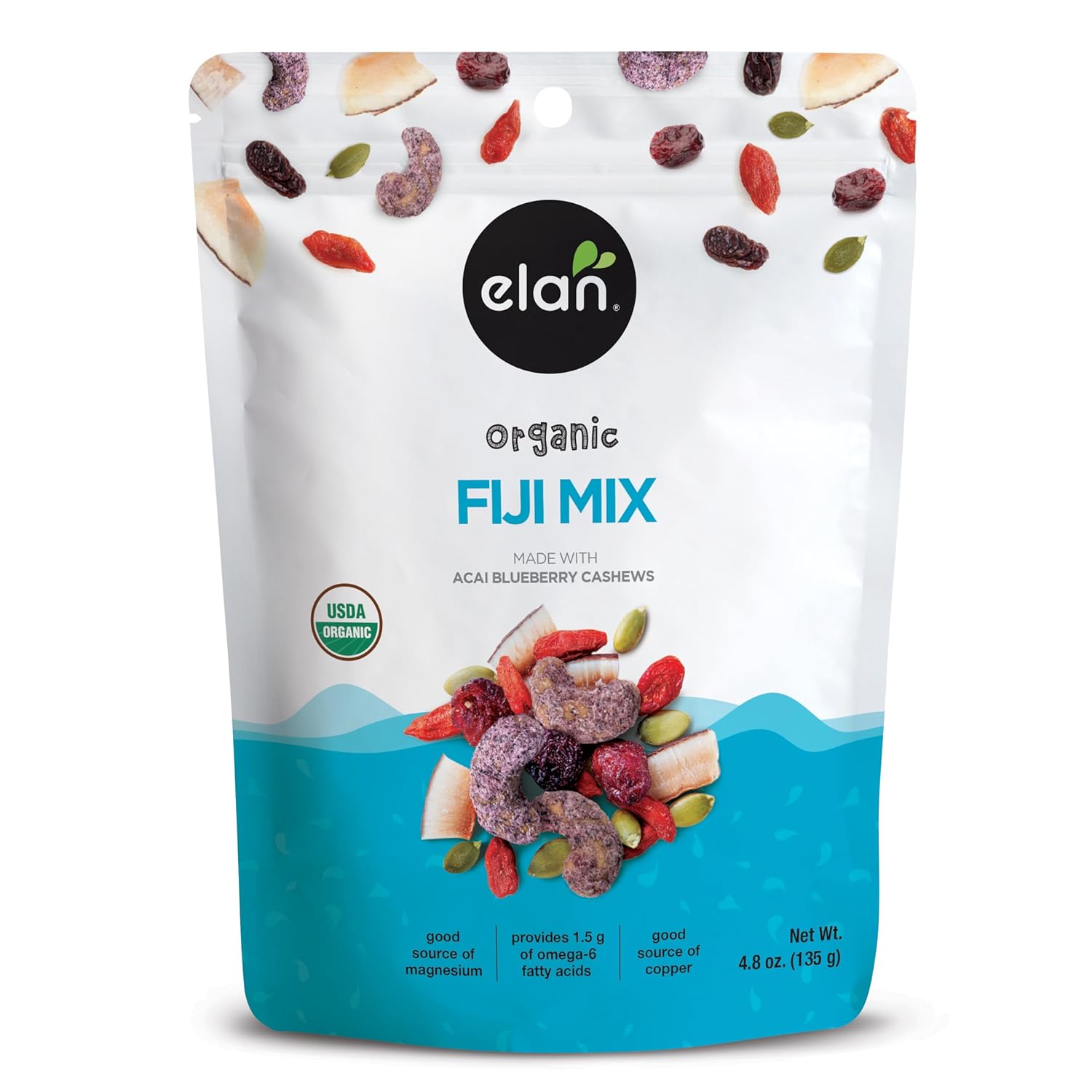 Elan Organic Fiji Mix, Non-Gmo, Gluten-Free, Vegan, Kosher, Dried Fruits (Dried Goji Berries, Dried Cranberries), Superfood Infused Nuts (Blueberry Acai Cashews), Pumpkin Seeds, 8 Pack Of 4.8 Oz