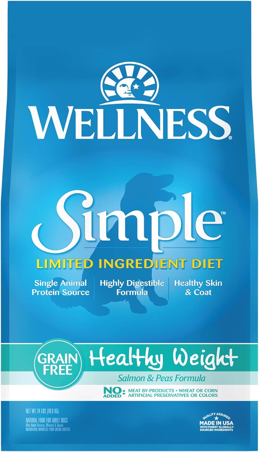 Wellness Natural Pet Food Simple Natural Limited-Ingredient Grain-Free Dry Dog Food, Easy To Digest For Sensitive Stomachs, Supports Skin & Coat (Healthy Weight, Salmon And Peas, 24-Pound Bag)