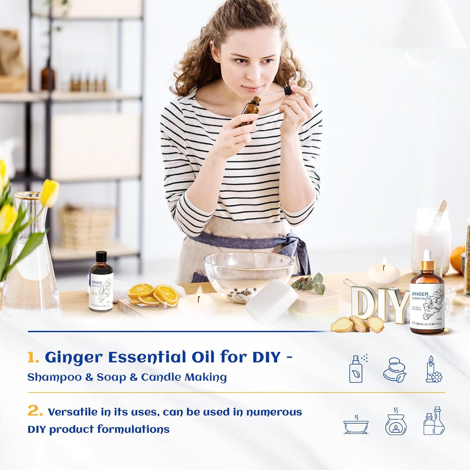 HIQILI Pure Ginger Essential Oil 3.38 Fl Oz, Pure Natural Premium Ginger Oil for Massage, Diffuser, Large Bottle with Dropper & Gift Box -100ml : Health & Household