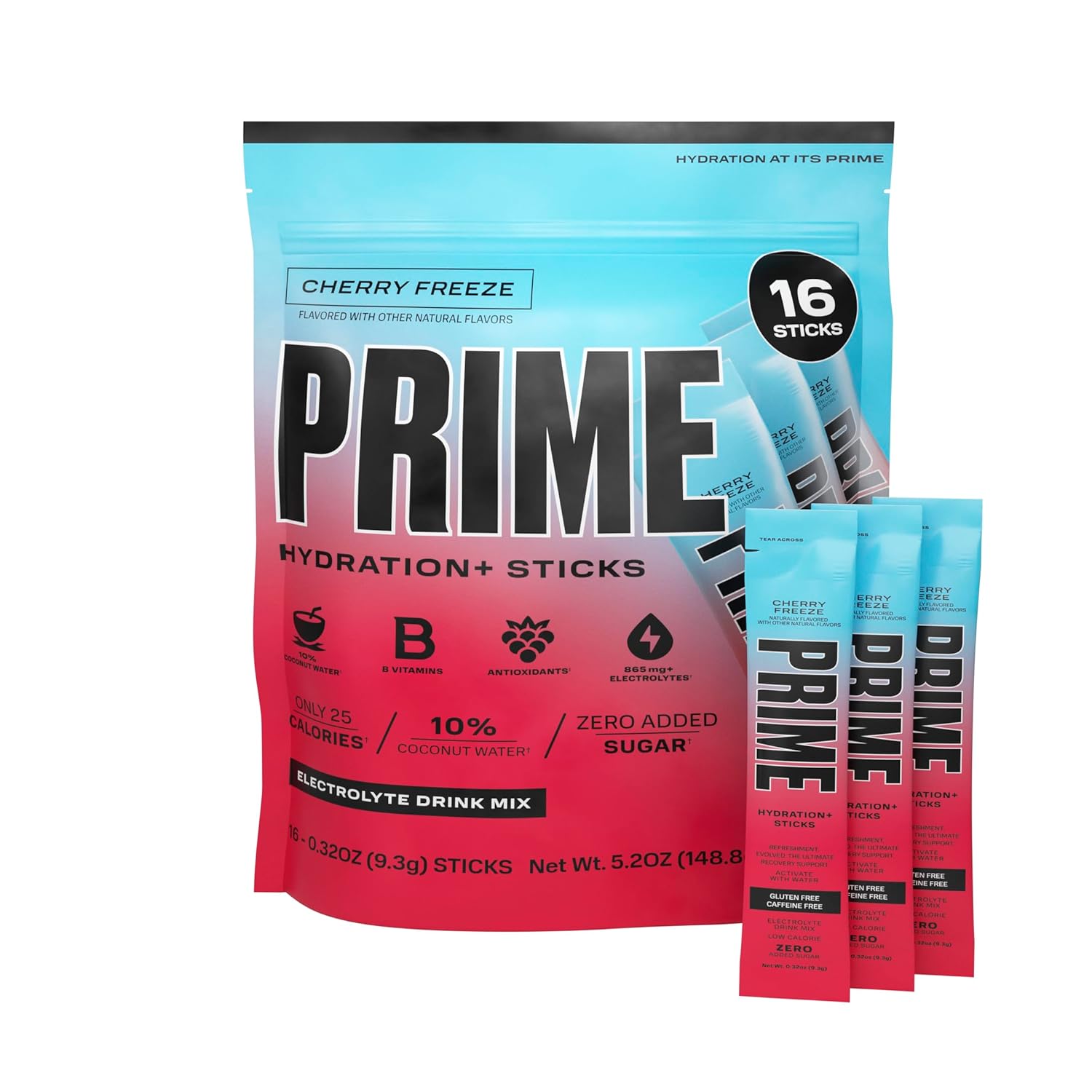 Prime Hydration+ Sticks Strawberry Watermelon | Hydration Powder Single Serve Sticks | Electrolyte Powder On The Go | Low Sugar | Caffeine-Free | Vegan | 16 Sticks