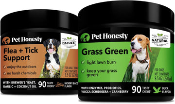 Pethonesty Flea & Tick Support + Grass Green Bundle - Natural Flea And Tick Soft Chew For Dogs, Pest Defense, Oral Flea Pills For Dog, Itch Relief, Digestive Enzyme For Dogs, Dog Pee Grass Lawn Spot S