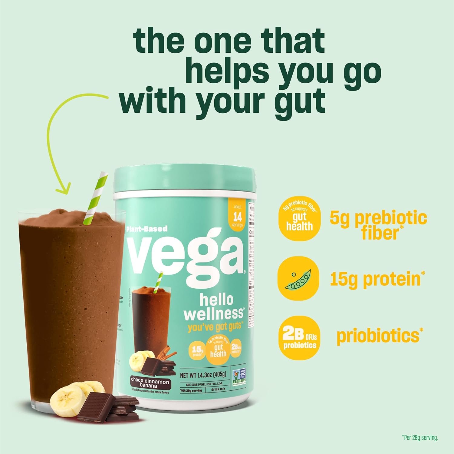 Vega Hello Wellness You’ve Got Guts Blender Free Smoothie, Choco Cinnamon Banana - Plant Based Vegan Protein Powder, 5g Prebiotic Fiber, 0g Added Sugar, 14.3 oz (Packaging May Vary) : Health & Household