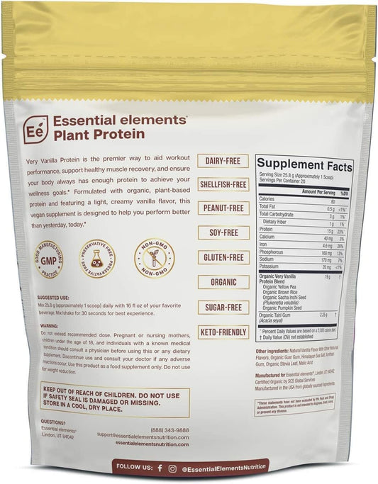 Essential Elements Organic Pea Protein Powder - Very Vanilla | Low-Carb Plant-Based Vegan Blend - Keto-Friendly And Gluten-Free | 20 Servings, 18Oz