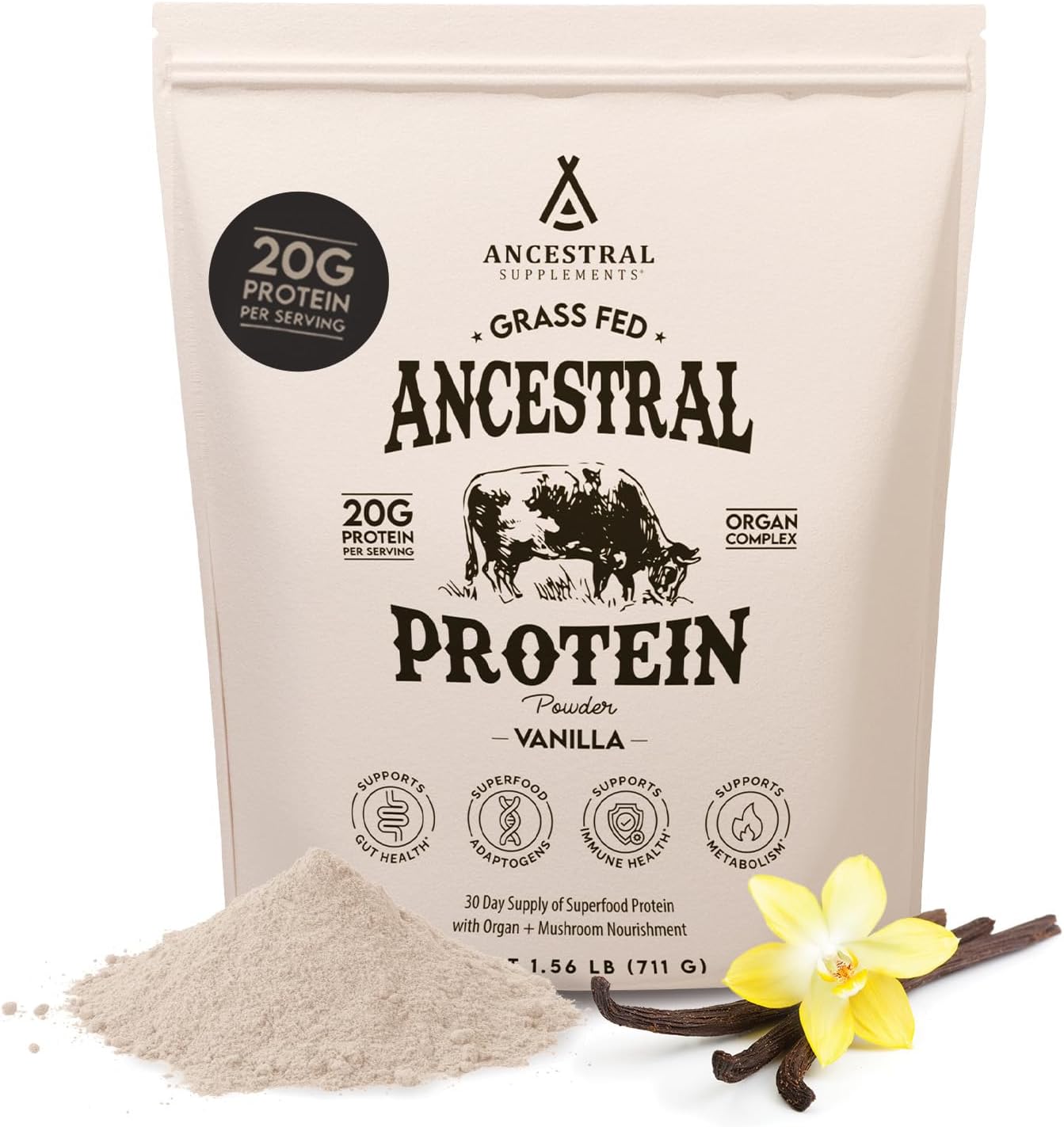 Ancestral Supplements Grass Fed Protein Powder, Vanilla, Beef Bone Broth Based With Beef Organs & Organic Mushrooms, Gut Health Support, High Protein Supplement, 20G Protein Per Serving, 30 Day Supply