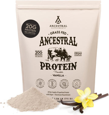 Ancestral Supplements Grass Fed Protein Powder, Vanilla, Beef Bone Broth Based With Beef Organs & Organic Mushrooms, Gut Health Support, High Protein Supplement, 20G Protein Per Serving, 30 Day Supply