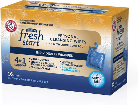 Fitright Fresh Start On-The-Go Flushable Wipes (48 Count), Personal Cleansing Wipes, Individually Wrapped Sachets For Urinary Incontinence With The Odor-Control Power Of Arm & Hammer Baking Soda