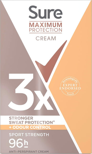 Sure Maximum Protection Sport Strength Anti-Perspirant Cream Women'S Deodorant Stick With 3X Stronger* Sweat Protection For 96 Hour Sweat And Odour Protection 45 Ml