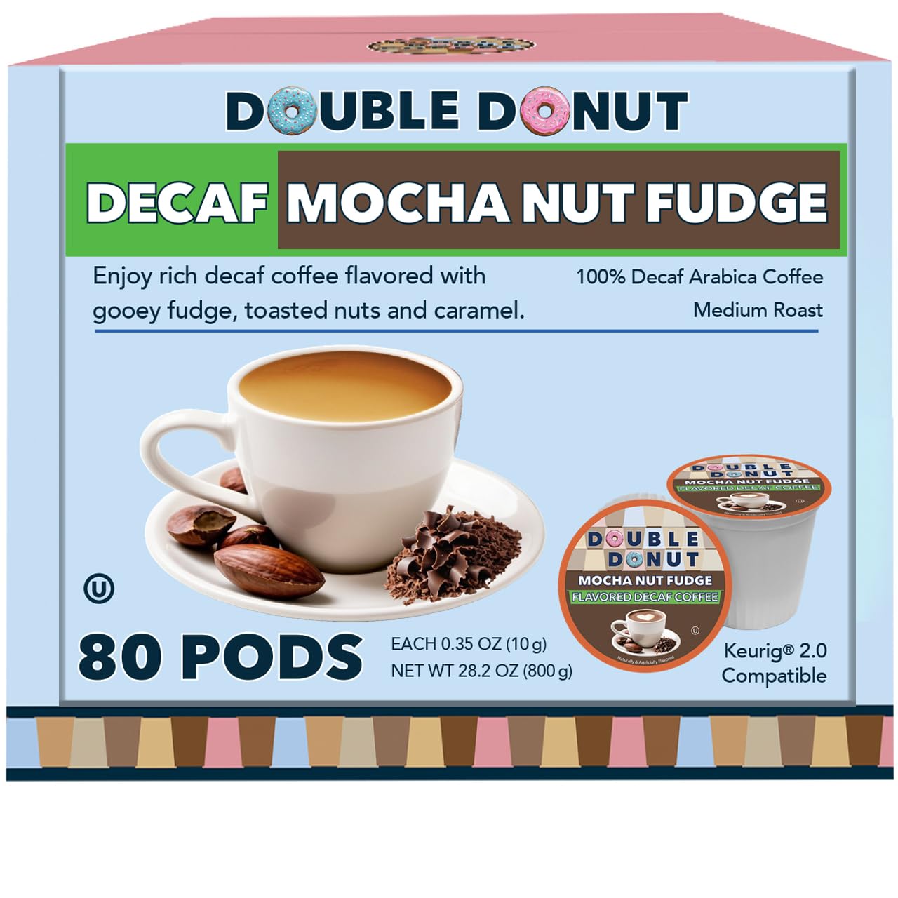 Double Donut Medium Roast Decaf Coffee Pods, Mocha Nut Fudge Flavored, For Keurig K-Cup Machines, 80 Single-Serve Capsules Per Box