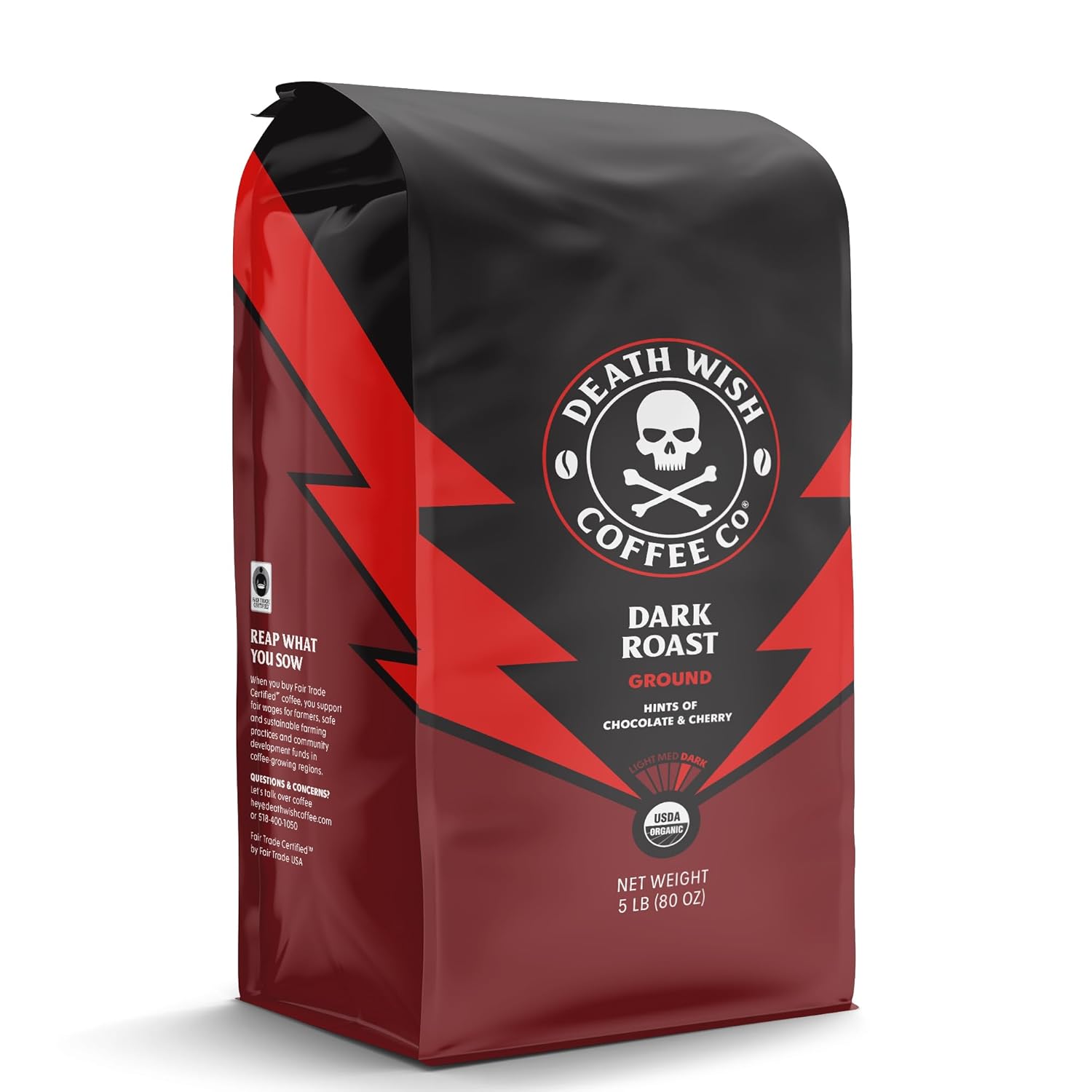 Death Wish Coffee Whole Bean Dark Roast - Extra Kick Of Caffeine - Usa Organic Coffee Beans - Fair Trade Arabica & Robusta Coffee Beans - Dark Roast Coffee Beans (80 Oz.)