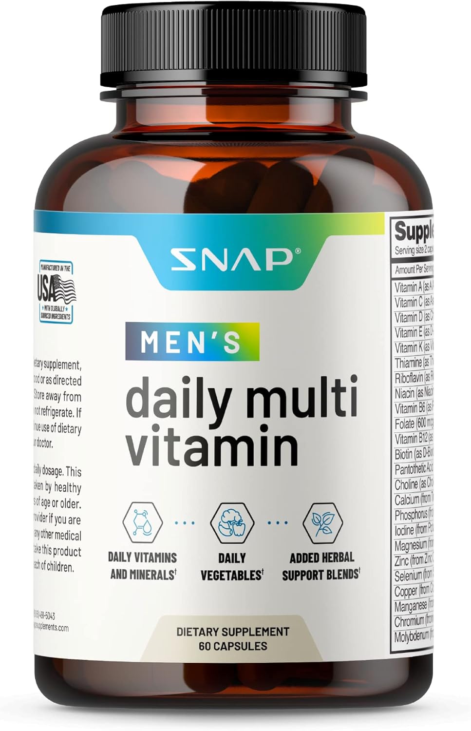 Snap Supplements Men'S Multivitamins - Daily Vitamins & Minerals For Men - Vitamin D, B12, Zinc, Herbs & Vitamin C For Energy & Immune Support, Multivitamin For Men, 60 Capsules