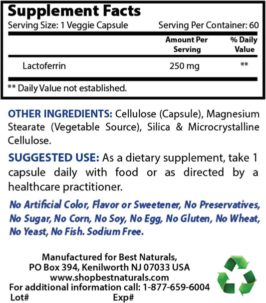 Best Naturals Lactoferrin 250 mg Veggie Capsule, Supports Healthy Immune Function - 60 Count