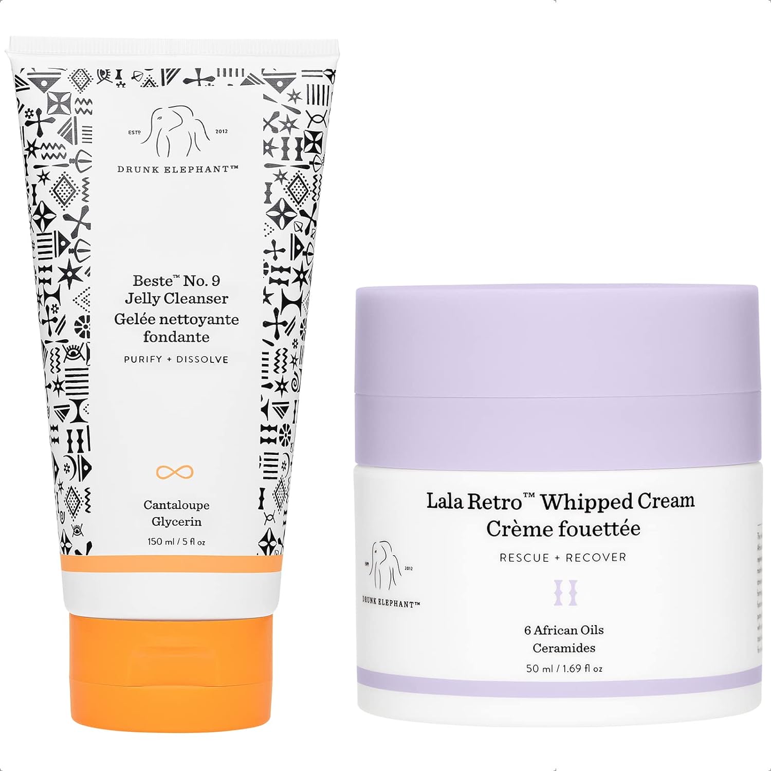 Drunk Elephant Hit It Off Face Wash And Facial Moisturizer Set Beste No. 9 Jelly Cleanser (150 Ml / 5 Fl Oz) And Lala Retro Whipped Cream (50 Ml / 1.69 Fl Oz)