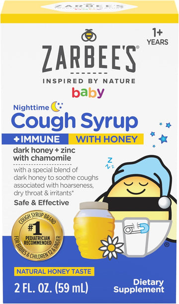 Zarbee'S Baby Nighttime Cough Syrup + Immune, Baby Cough Syrup With Dark Honey + Zinc & Chamomile, Cough Syrup For Toddlers, No Drugs Or Artificial Flavors, Natural Honey Taste, 2 Fl. Oz