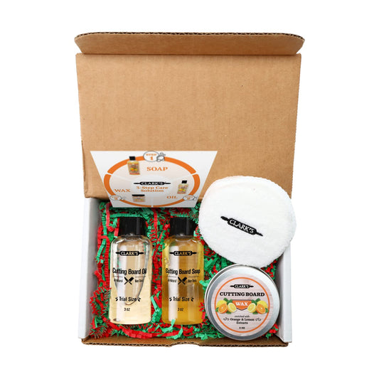 CLARK'S Cutting Board Care Gift Set - Cutting Board Soap, Food Grade Mineral Oil, Wax, and Buffing Pad Protects & Restores Wood, Bamboo Enriched with Orange & Lemon Oils. Small Sizes for a Big Impact!