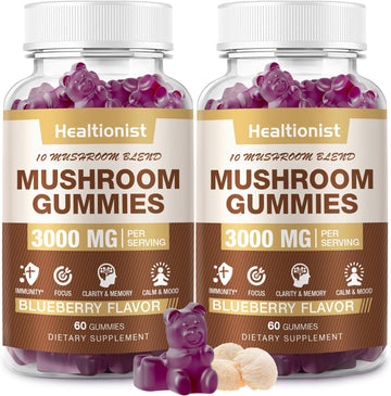 3000Mg Mushroom Complex Gummies 10 Blend - Lion'S Mane Gummies For Adults, Cordyceps, Shiitake, Reishi, Chaga, - Brain, Immune Support & Stress Relief, Energy, Mushroom Supplement For Men & Women 60Ct