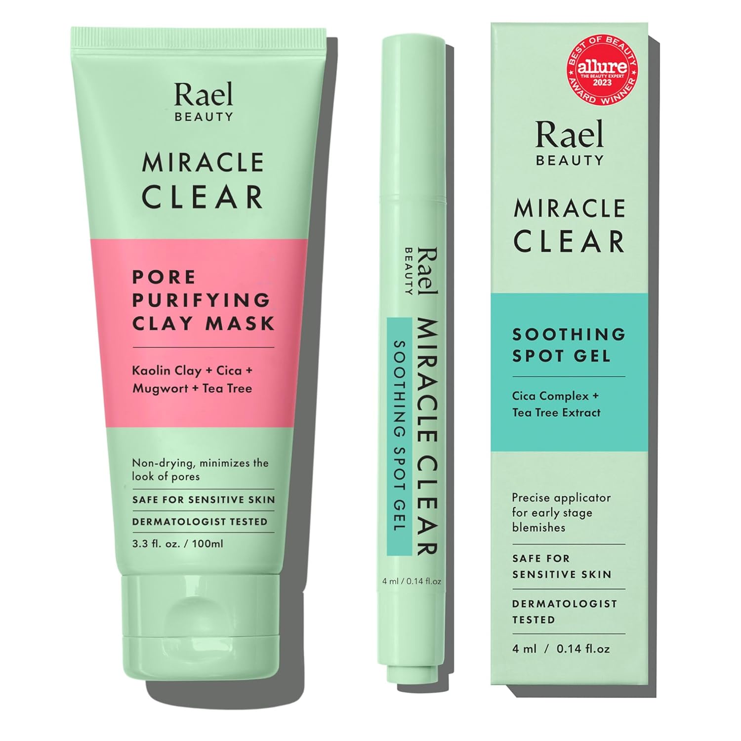 Rael Miracle Bundle - Miracle Clear Pore Control Clay Mask (3.4 Fl. Oz) & Miracle Clear Soothing Spot Gel (0.14Oz)