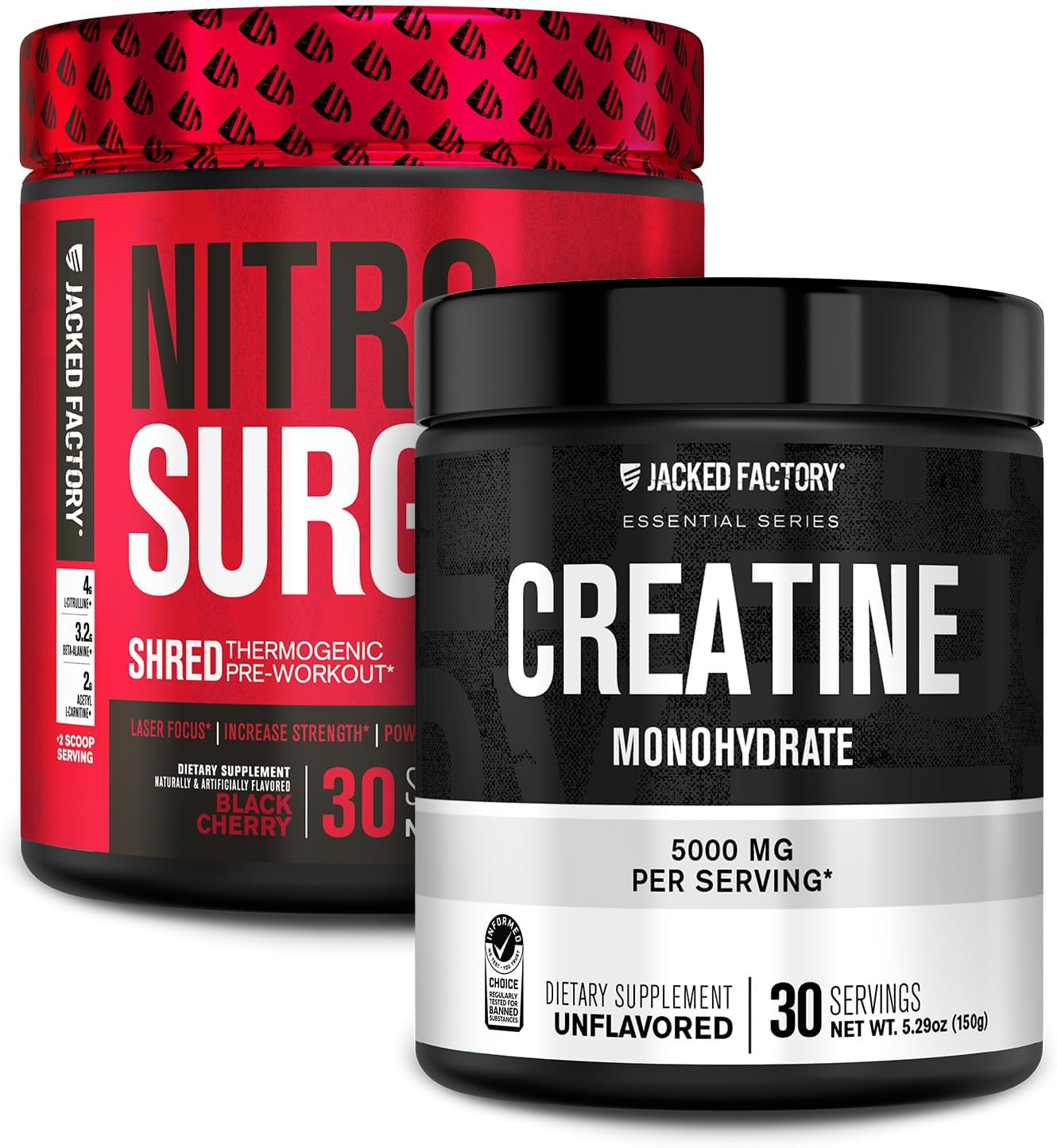 Jacked Factory Nitrosurge Shred Pre Workout Supplement (Black Cherry, 30 Servings) & Creatine Monohydrate Powder (Unflavored, 30 Servings)