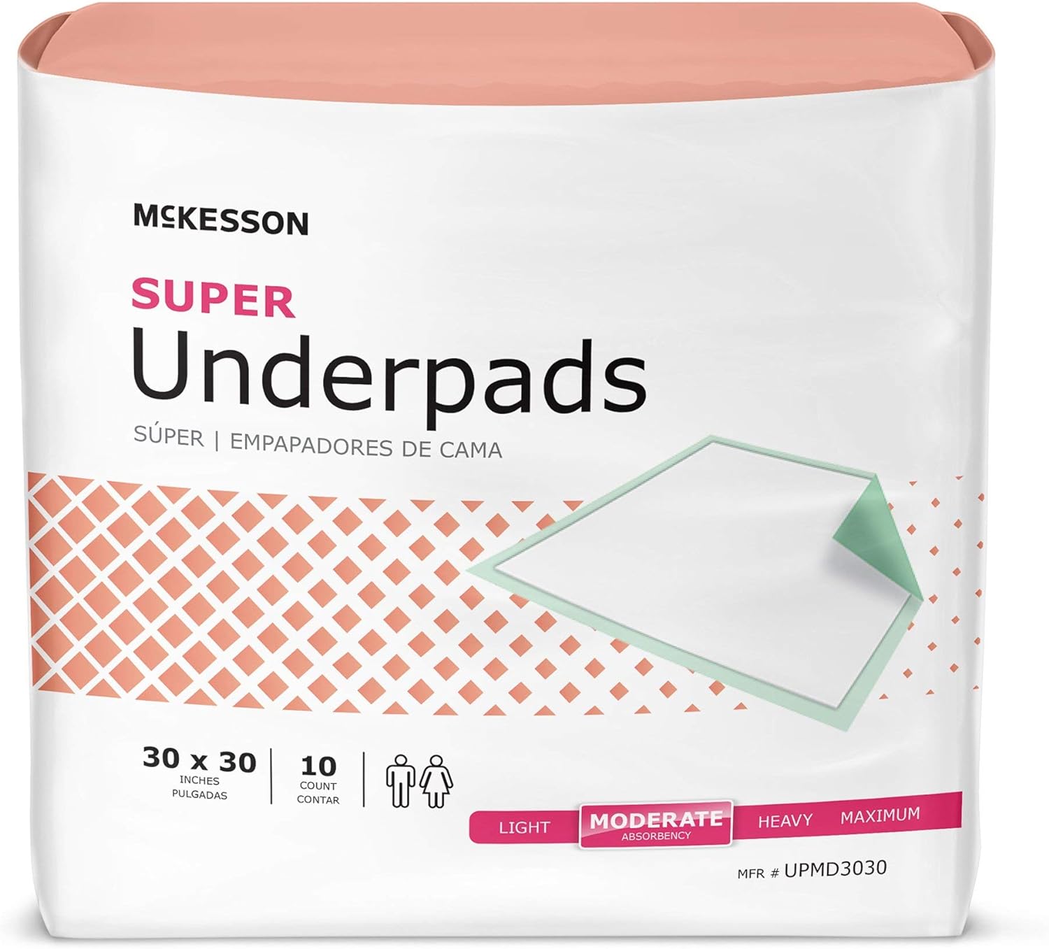 McKesson Super Underpads, Incontinence Bed Pads, Moderate Absorbency, 30 in x 30 in, 10 Count